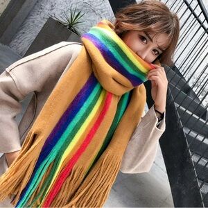 Rainbow Stripe Fringe Scarf